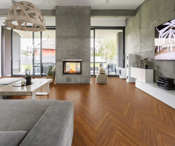 Bamboo herringbone flooring in a modern Dubai living room.