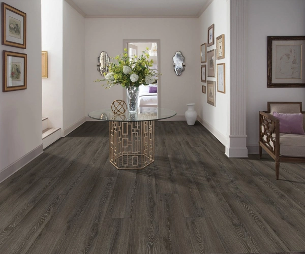 Dark wood LVT flooring in a modern Dubai living room.