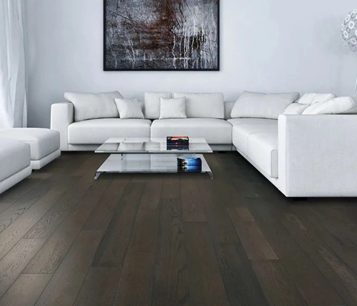 Dark wood flooring in a modern white living room.
