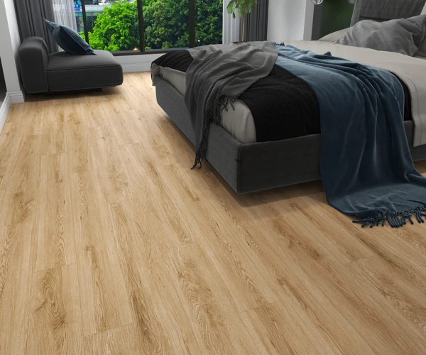 Modern SPC flooring in a Dubai bedroom.