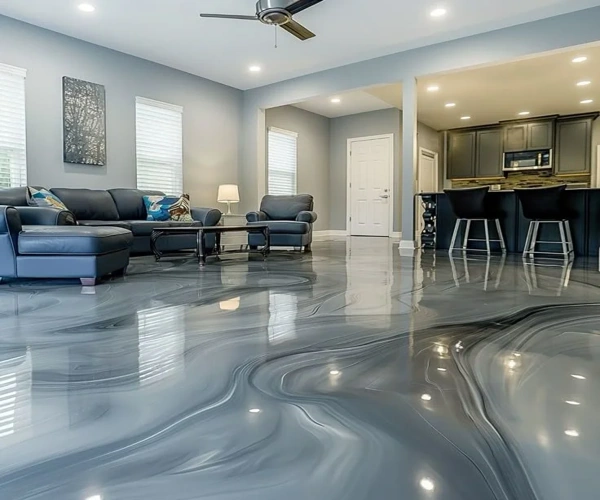 Modern grey metallic epoxy flooring in a Dubai home.