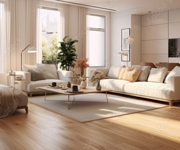 Modern living room with light wood PVC flooring in Dubai.