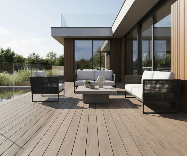 Modern outdoor wood deck flooring with patio furniture in Dubai.