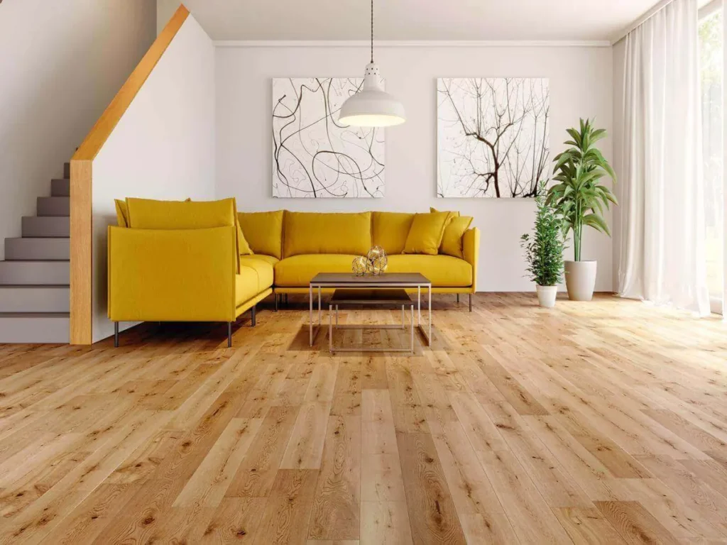 Modern wood flooring in a bright Dubai living room.