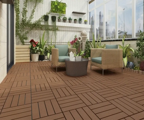 Modern wood-style deck flooring on a Dubai balcony.